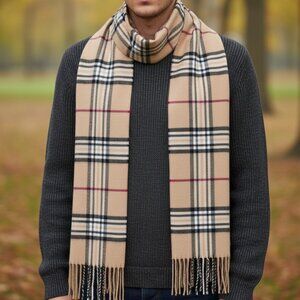 2/$30 Classic Tan Beige Plaid Tartan Scarf Cashmere Feel Fringe Winter Wrap Men